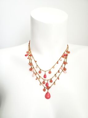 Layered Gold Necklace with Coral and Pink Teardrop Beads